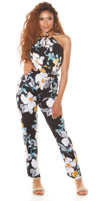 Trendy Summer Neck Overall with print Black